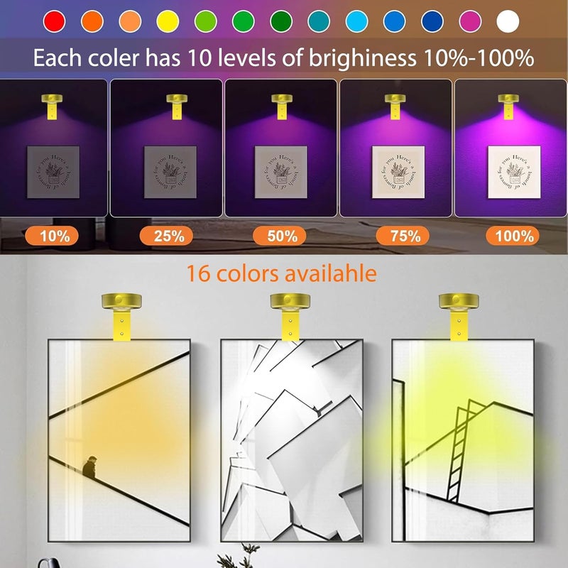 VIGMOJ 3 قطع ضوء رسم بالبطارية مع جهاز تحكم عن بعد، 16 لون RGB مغناطيسي LED بقعة ضوء لعرض إطار الصورة، ديكور حائط منزلي، ذهبي - Image 2